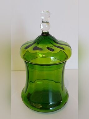 Vtg MCM Empoli Italian Green Art Glass Set Apothecary Lidded Jar & Footed Bowl